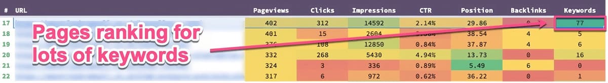 pages ranking for lots of keywords